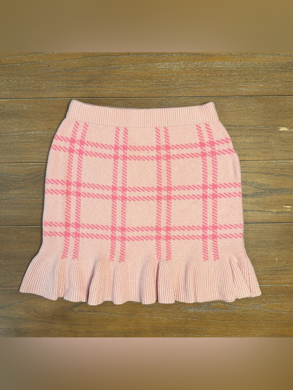 miami Pink Plaid Knit Mini Skirt with Ruffle Hem